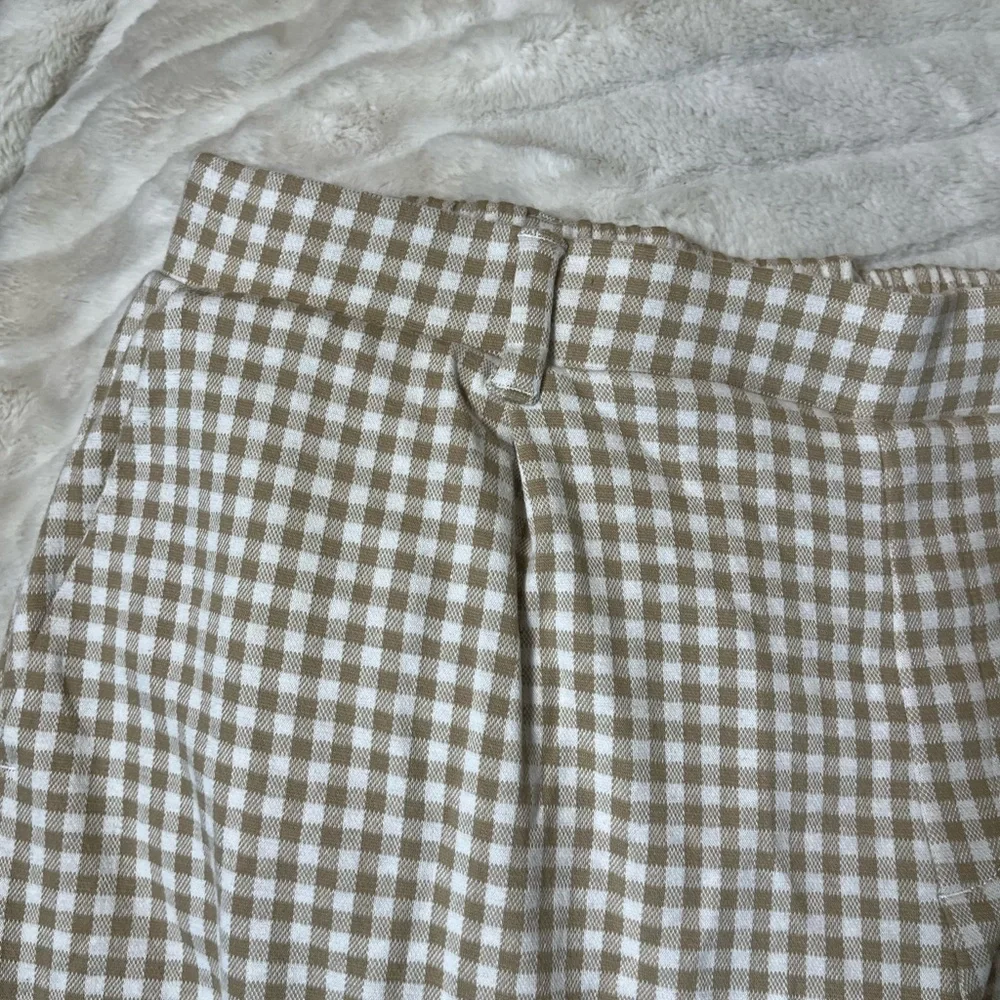 Lands End XL Tan White Gingham Plaid Wide Leg Crop Pull On Casual Coastal Pants